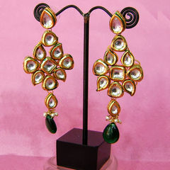 Gold Rodium Polish Gold, Green color Earrings in Metal Alloy studded with Beads, Kundan
