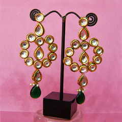Gold Rodium Polish Gold, Green color Earrings in Metal Alloy studded with Beads, Kundan