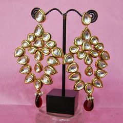 Gold Rodium Polish Gold, Red and Maroon color Earrings in Metal Alloy studded with Beads, Kundan
