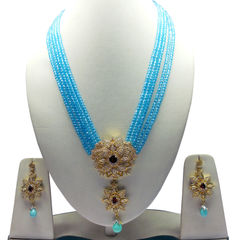 Gold Rodium Polish Blue color Necklace in Metal Alloy studded with Beads, CZ Diamond