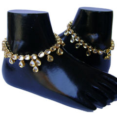 Gold Rodium Polish White and Off White color Anklet in Metal Alloy studded with Kundan