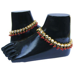 Gold Rodium Polish Red and Maroon color Anklet in Metal Alloy studded with Kundan