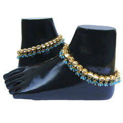 Gold Rodium Polish Blue color Anklet in Metal Alloy studded with Kundan