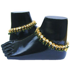 Gold Rodium Polish Green color Anklet in Metal Alloy studded with Kundan