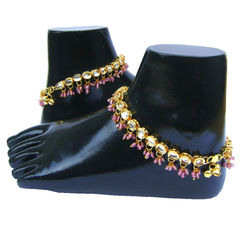 Gold Rodium Polish Pink and Majenta color Anklet in Metal Alloy studded with Kundan