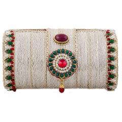 White and Off White color Clutches in Silk cotton fabric with Bugle Beads, Stone, Thread work : 330613