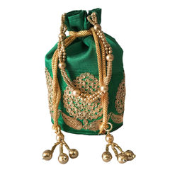 Green color Potli in Silk cotton fabric with Embroidered, Sequence, Thread work