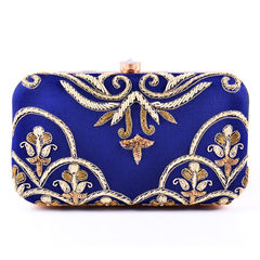 Blue color Clutches in Art Dupion Silk fabric with Dabka work