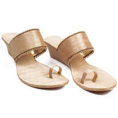 Gold color Women Shoes in Raw Dupion Silk fabric with Bugle Beads, Lace work