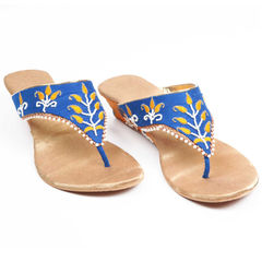 Blue, Gold color Women Shoes in Faux Leather, Raw Dupion Silk fabric with Bugle Beads, Lace, Thread work