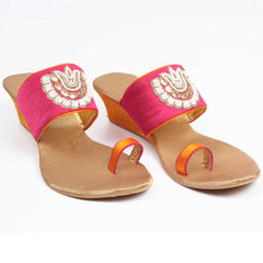 Gold, Pink and Majenta color Women Shoes in Faux Leather, Raw Dupion Silk fabric with Bugle Beads, Cut Dana work