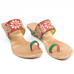 Gold, Red and Maroon color Women Shoes in Faux Leather, Raw Dupion Silk fabric with Patch, Thread work