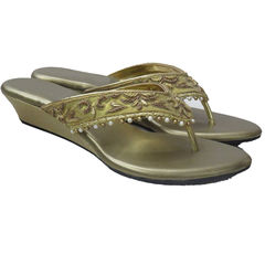 Gold color Women Shoes in Art Silk, Faux Leather fabric with Zardozi work