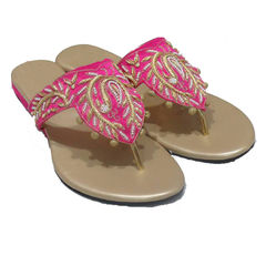 Pink and Majenta color Women Shoes in Art Silk, Faux Leather fabric with Moti, Zardozi work