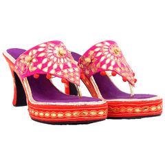 Pink and Majenta, Red and Maroon color Women Shoes in Art Silk, Faux Leather fabric with Gota Patti work