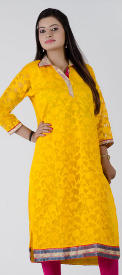 Yellow color Kurti in Chanderi Silk fabric with Lace work