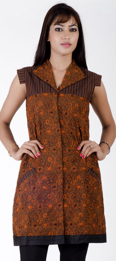 Beige and Brown color Kurti in Cotton fabric with Embroidered, Thread work