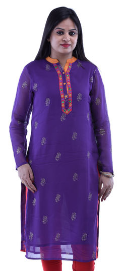 Purple and Violet color Kurti in Cotton fabric with Lace, Printed, Thread work