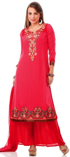 Red and Maroon color Salwar Kameez in Faux Georgette fabric with Embroidered, Resham, Thread work