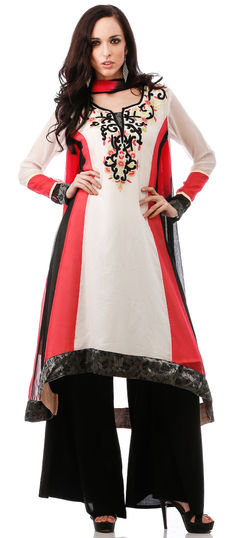 Red and Maroon, White and Off White color Salwar Kameez in Faux Georgette fabric with Embroidered, Resham, Stone, Thread work