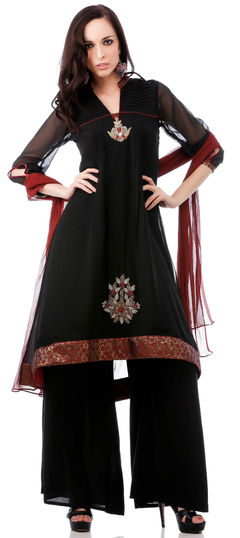 Black and Grey color Salwar Kameez in Faux Georgette fabric with Embroidered, Lace, Patch, Stone work