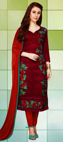 Red and Maroon color Salwar Kameez in Cotton fabric with Embroidered, Lace, Resham, Stone, Thread work