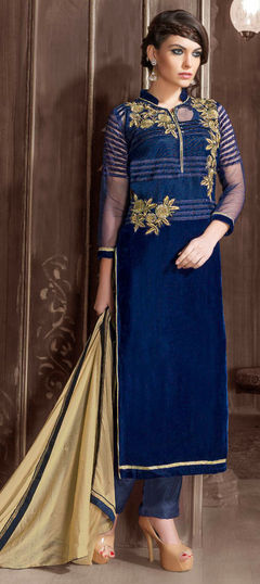 Blue color Salwar Kameez in Faux Georgette fabric with Embroidered, Lace, Moti, Patch work