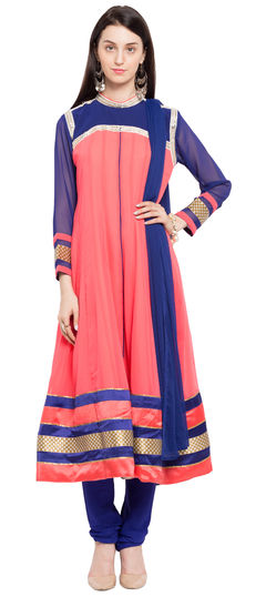 Pink and Majenta color Salwar Kameez in Faux Georgette fabric with Lace, Moti, Stone, Zardozi work