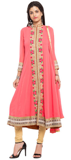 Pink and Majenta color Salwar Kameez in Faux Georgette fabric with Embroidered, Lace, Moti, Stone, Thread work