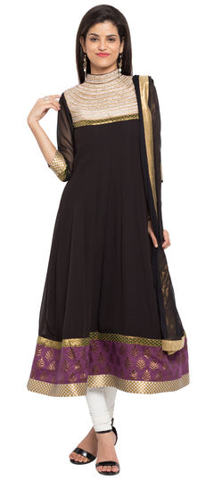 Black and Grey color Salwar Kameez in Faux Georgette fabric with Lace, Moti, Stone, Thread work