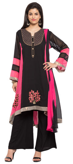 Black and Grey, Pink and Majenta color Salwar Kameez in Faux Georgette fabric with Embroidered, Lace, Thread work