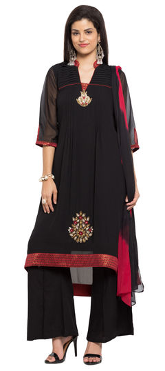 Black and Grey color Salwar Kameez in Faux Georgette fabric with Lace, Stone, Thread, Zardozi work