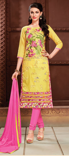 Yellow color Salwar Kameez in Cotton fabric with Embroidered, Lace, Resham, Thread work