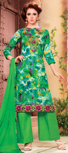 Green color Salwar Kameez in Cotton fabric with Embroidered, Lace, Printed, Thread work