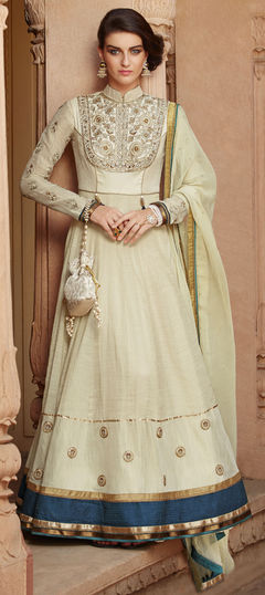 Beige and Brown color Salwar Kameez in Tussar Silk fabric with Embroidered, Lace, Stone, Thread work