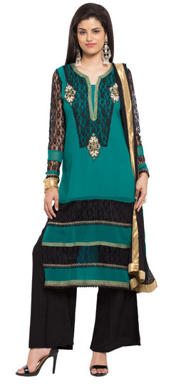 Green color Salwar Kameez in Faux Georgette fabric with Lace, Moti, Patch work