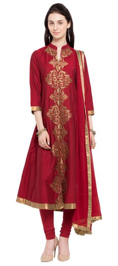 Red and Maroon color Salwar Kameez in Silk cotton fabric with Embroidered, Lace, Thread work