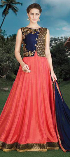 Blue, Orange color Salwar Kameez in Silk fabric with Border, Embroidered, Thread, Zari work