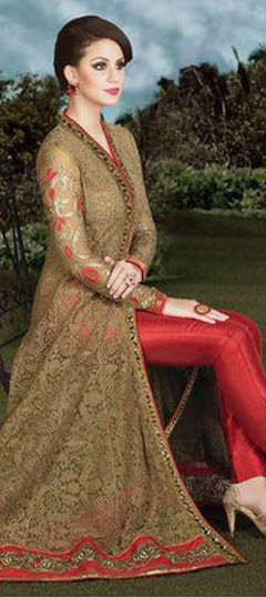 Beige and Brown, Red and Maroon color Salwar Kameez in Net fabric with Embroidered, Lace, Thread work