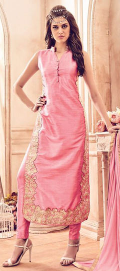 Pink and Majenta color Salwar Kameez in Banarasi Silk, Silk fabric with Embroidered, Patch, Zari work