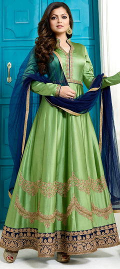 Green color Salwar Kameez in Silk fabric with Stone, Thread work