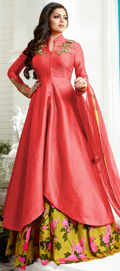 Red and Maroon color Salwar Kameez in Silk fabric with Kasab, Printed, Stone work