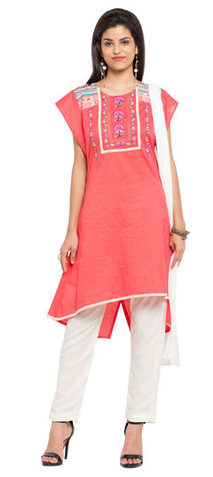 Red and Maroon color Salwar Kameez in Cotton fabric with Embroidered, Resham, Thread work
