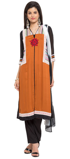 Orange color Salwar Kameez in Cotton fabric with Mirror, Patch work