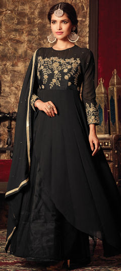 Black and Grey color Salwar Kameez in Faux Georgette fabric with Embroidered, Thread, Zari work