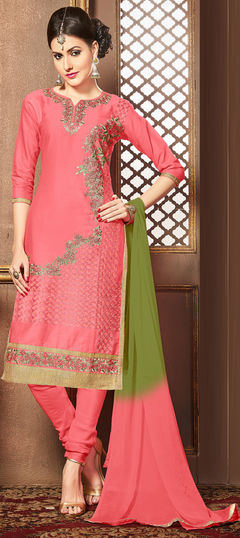 Pink and Majenta color Salwar Kameez in Cotton fabric with Embroidered, Lace, Resham, Stone, Thread work