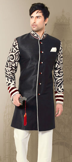 Black and Grey color IndoWestern Dress in Raw Dupion Silk fabric with Lace, Patch, Printed, Resham work