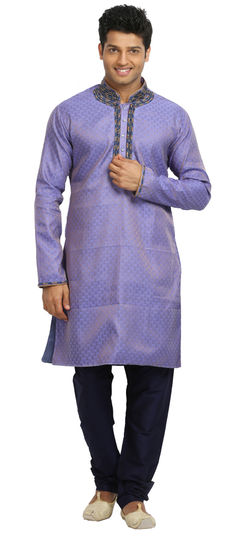 Purple and Violet color Kurta Pyjamas in Silk fabric with Lace, Thread work