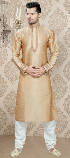 Gold color Kurta Pyjamas in Art Silk fabric with Embroidered, Thread work