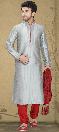 Black and Grey color Kurta Pyjamas in Art Silk fabric with Embroidered, Thread work